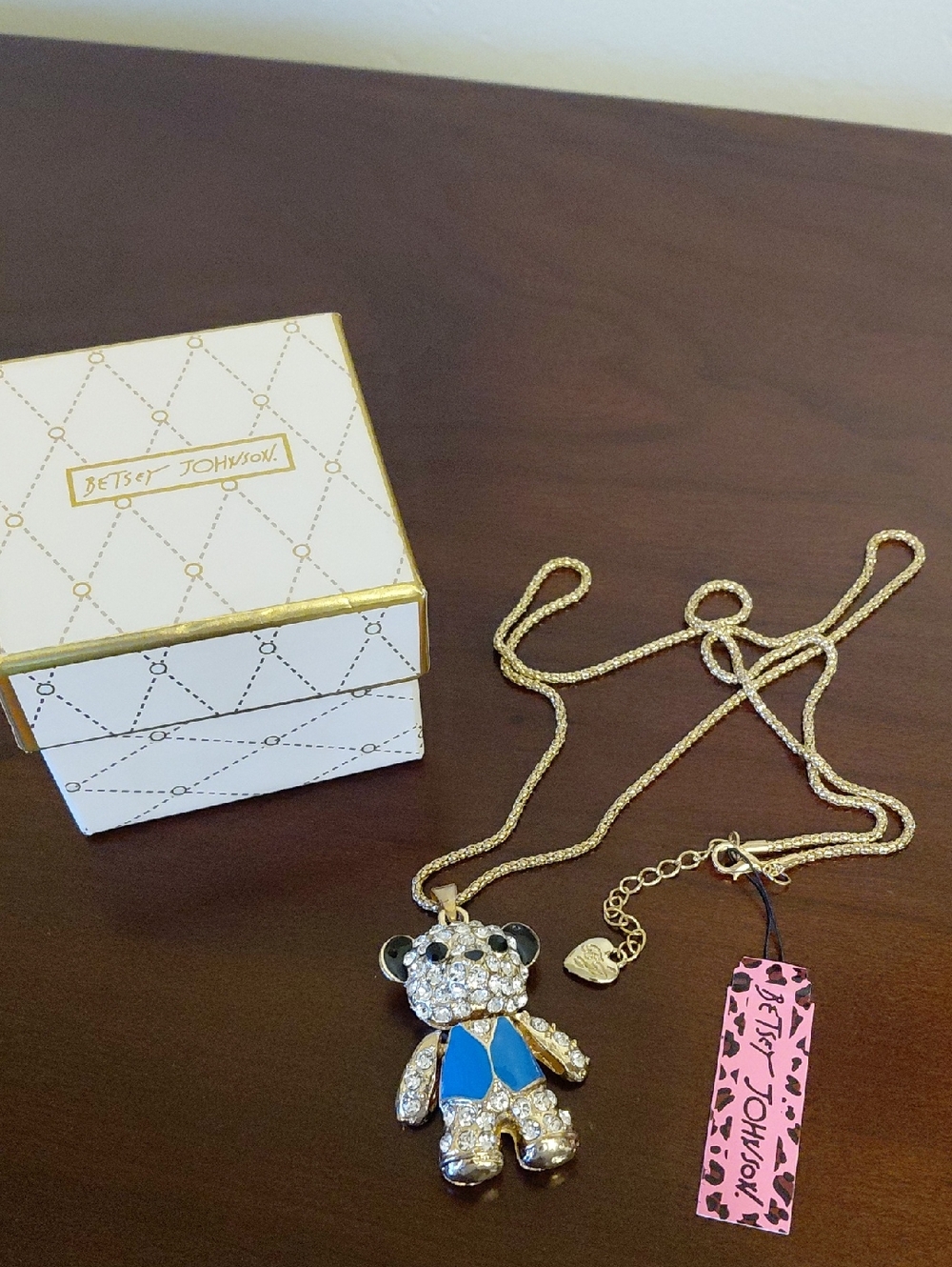 Betsey Johnson Blue Crystal Bear Necklace With Box NWT